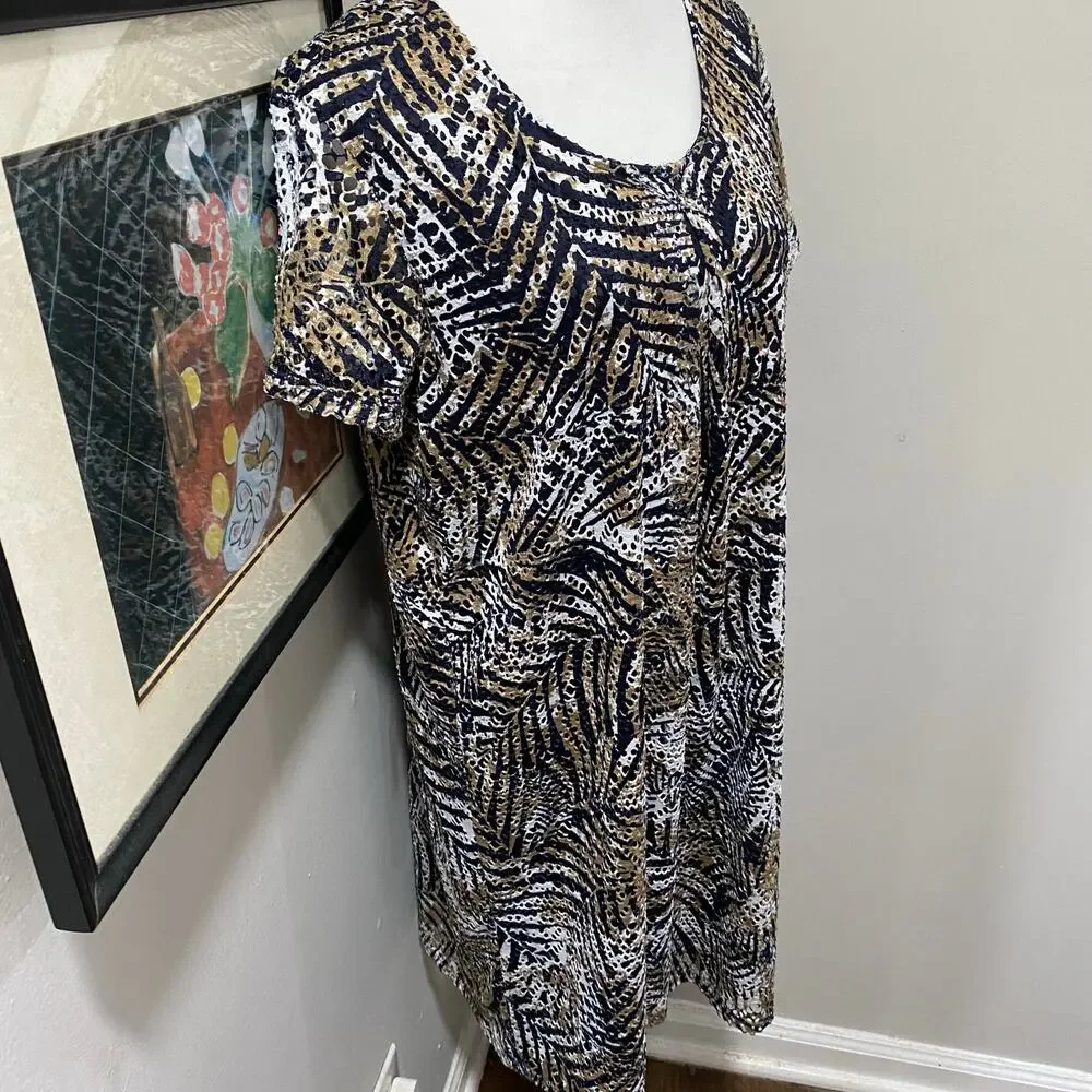 Kim Rogers Lacy Layered Dress Size Large Blue and Tan Knee Length Pullover
